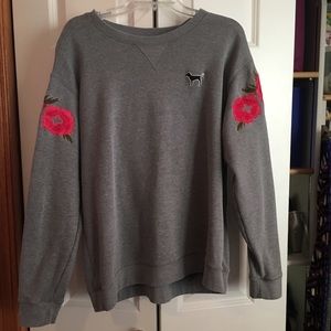 PINK,gray long sleeve crew neck with flower detail